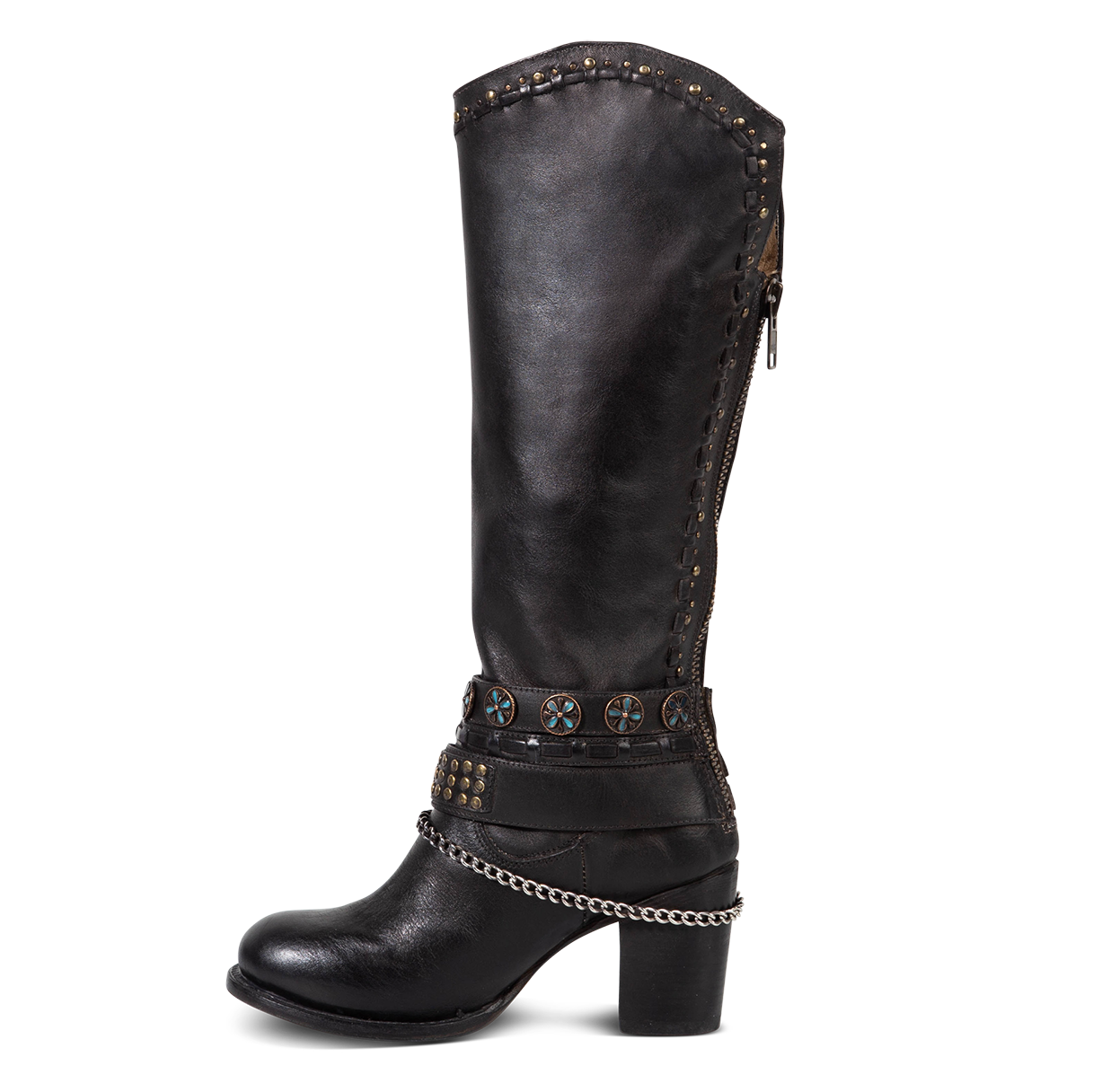 Inside view showing tall stacked leather heel and layered detailed ankle harnesses on FREEBIRD women's Blakely black boot 