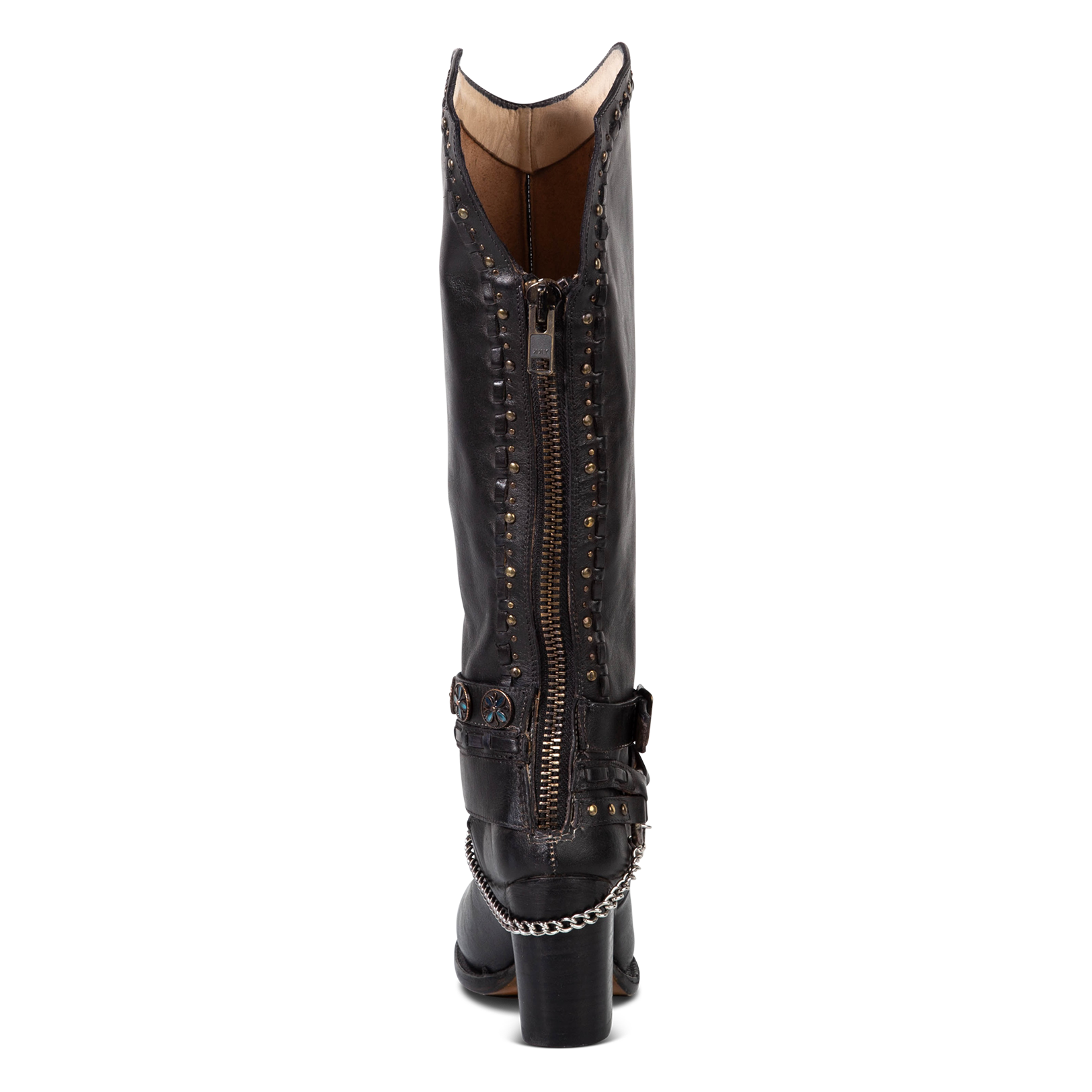 Back view showing working brass zip closure and metal accents throughout the shaft on FREEBIRD women's Blakely black boot