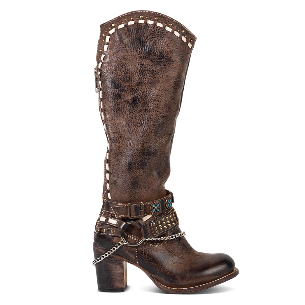 FREEBIRD women's Blakely brown heeled tall boot with shaft detailing, layered decretive ankle harnesses, and back zip closure