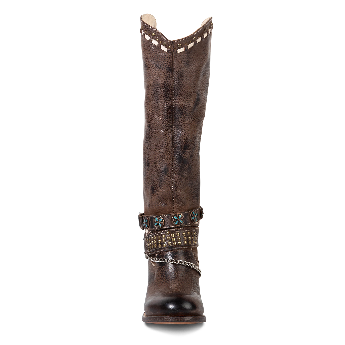 Front view showing tall shaft construction and layered ankle harnesses with metal accents on FREEBIRD women's Blakely brown boot