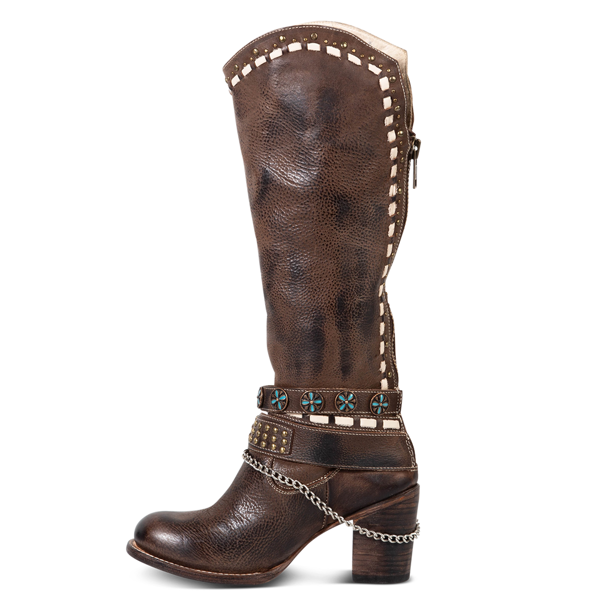 Inside view showing tall stacked leather heel and layered detailed ankle harnesses on FREEBIRD women's Blakely brown boot 