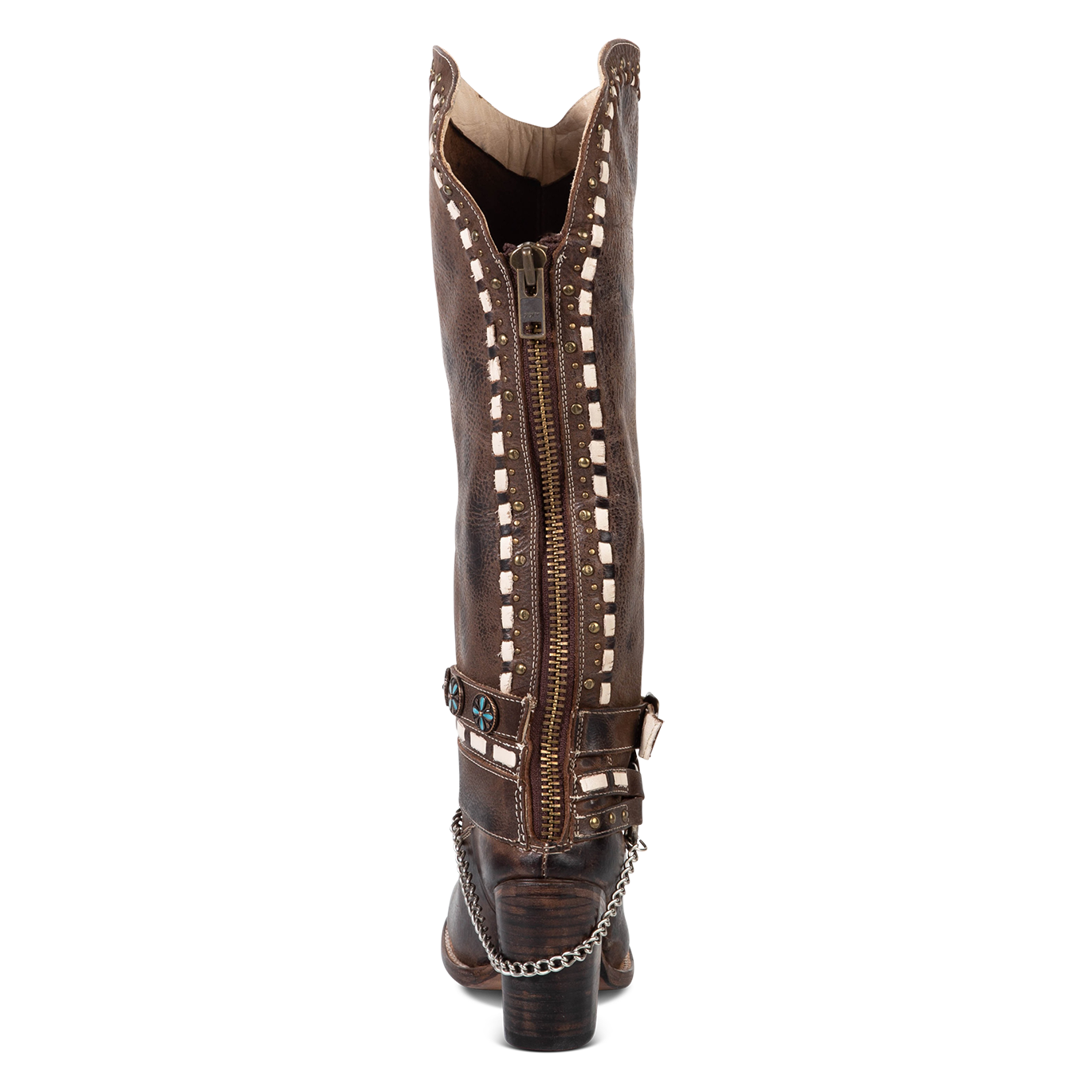 Back view showing working brass zip closure and metal accents throughout the shaft on FREEBIRD women's Blakely brown boot