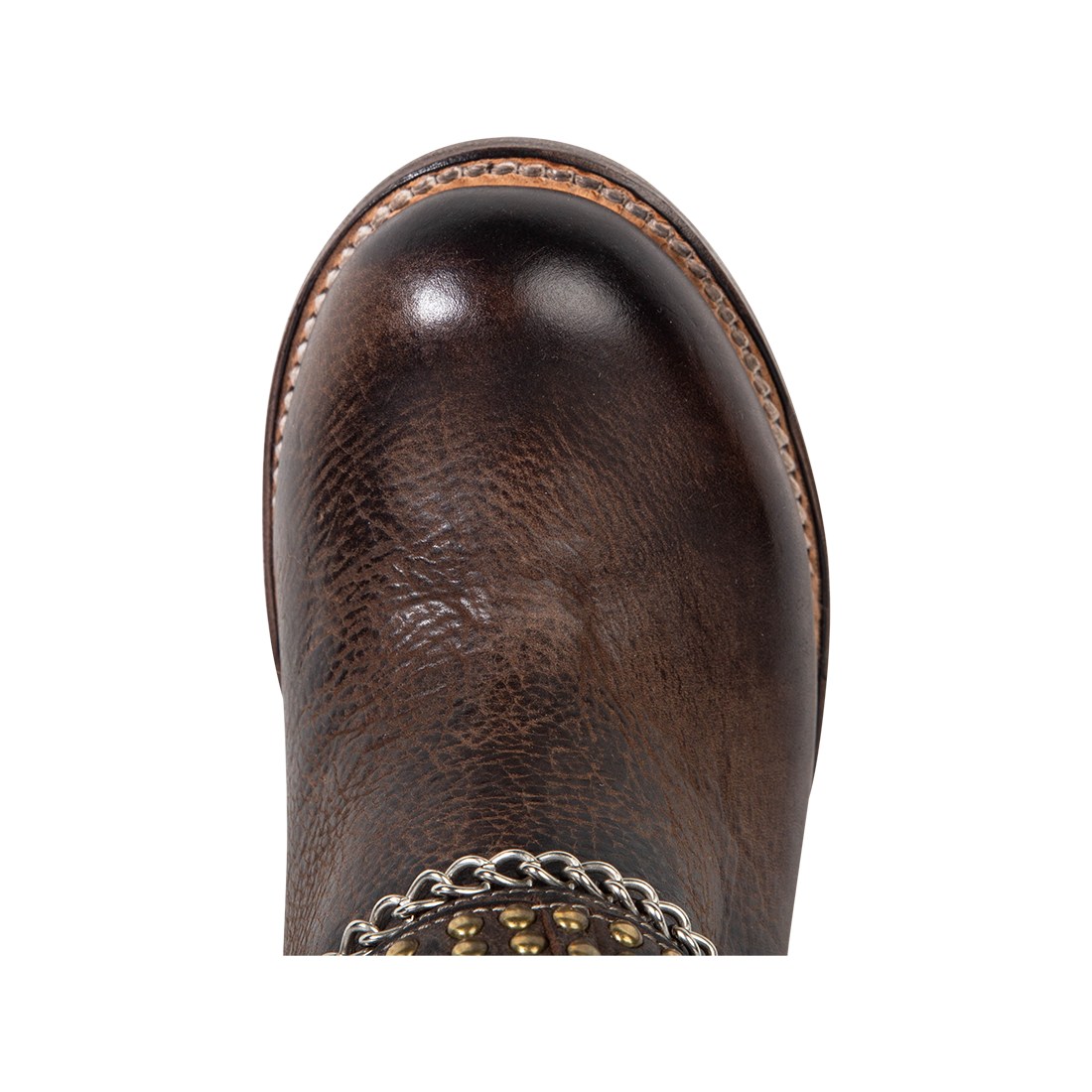 Top view showing round toe construction on FREEBIRD women's Blakely brown boot