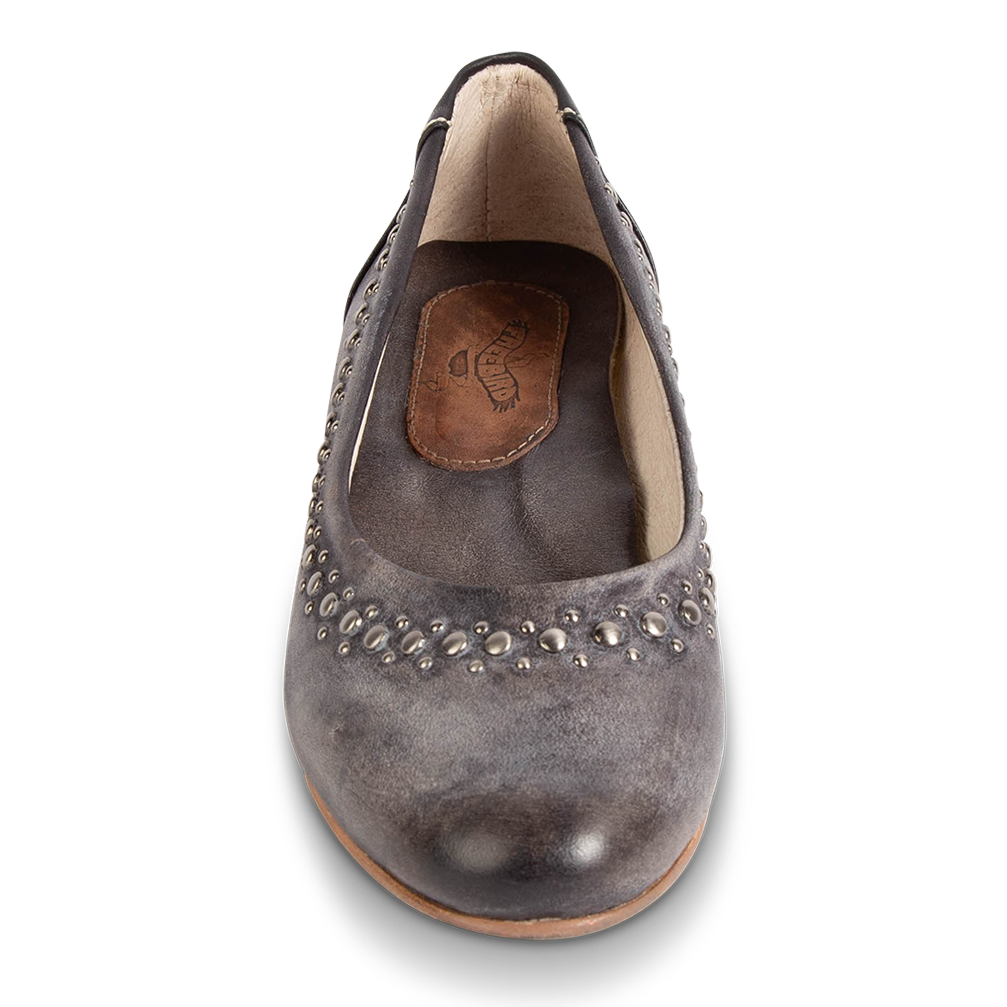Front view showing round toe on FREEBIRD women's Blossom black multi ballet flat slip-on shoe featuring stud detailing