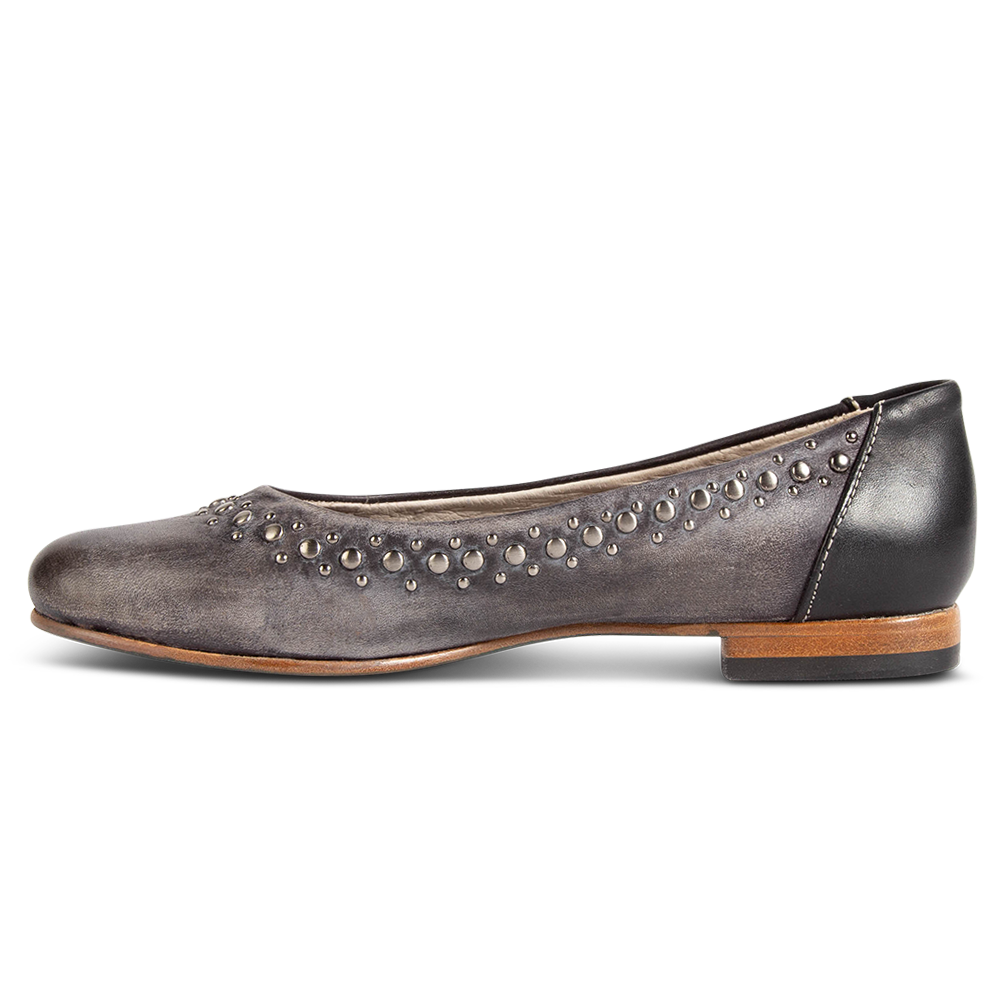 Side view showing tow-toned leather on FREEBIRD women's Blossom black multi ballet flat slip-on shoe featuring stud detailing and a round toe