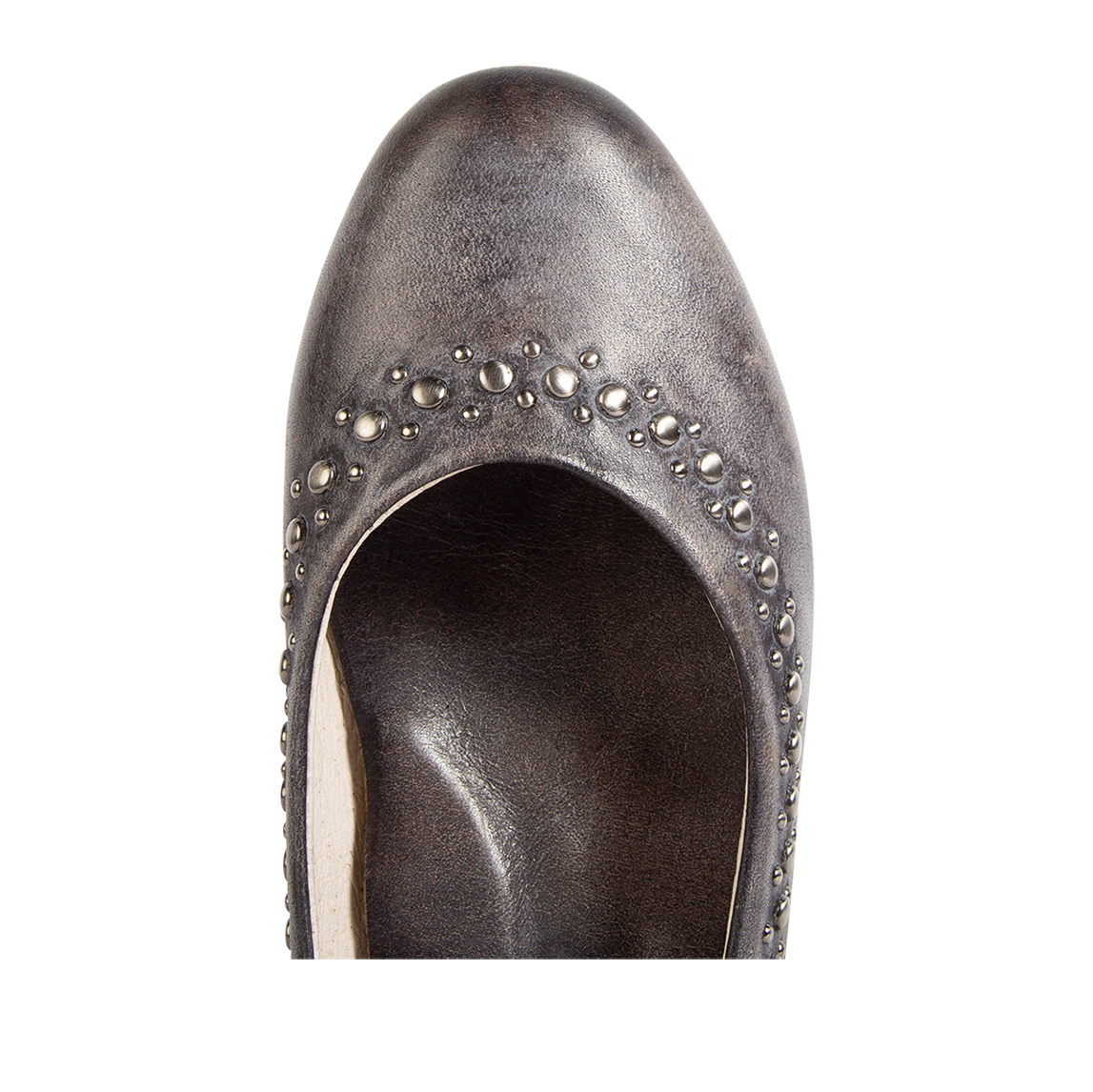 Top view showing round toe on FREEBIRD women's Blossom black multi ballet flat slip-on shoe featuring stud detailing a pointed toe