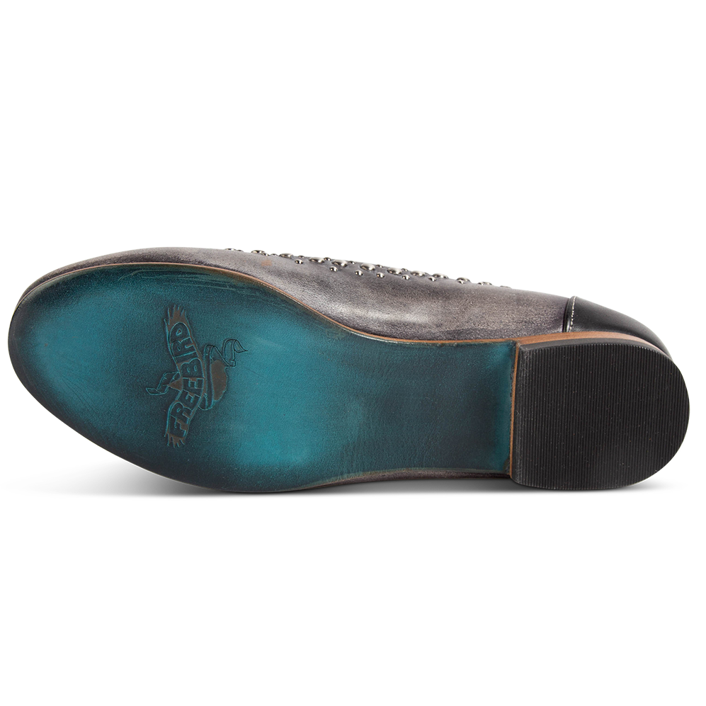 Leather sole imprinted with FREEBIRD on women's Blossom black multi ballet flat slip-on shoe with stud detailing and pointed toe
