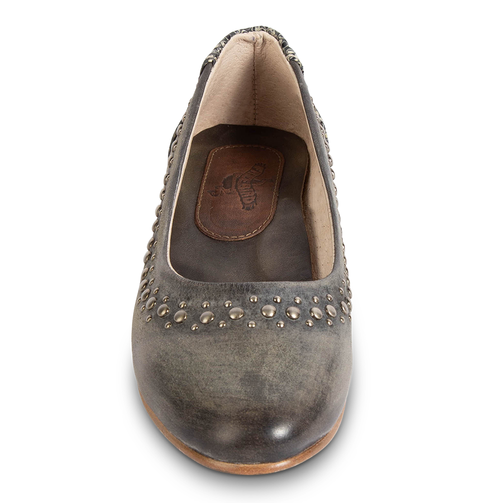 Front view showing round toe on FREEBIRD women's Blossom olive multi ballet flat slip-on shoe featuring stud detailing