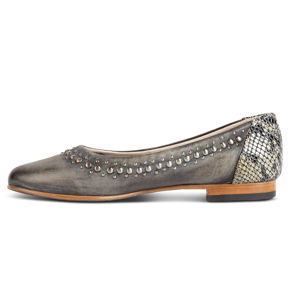 Side view showing tow-toned leather on FREEBIRD women's Blossom olive multi ballet flat slip-on shoe featuring stud detailing and a round toe