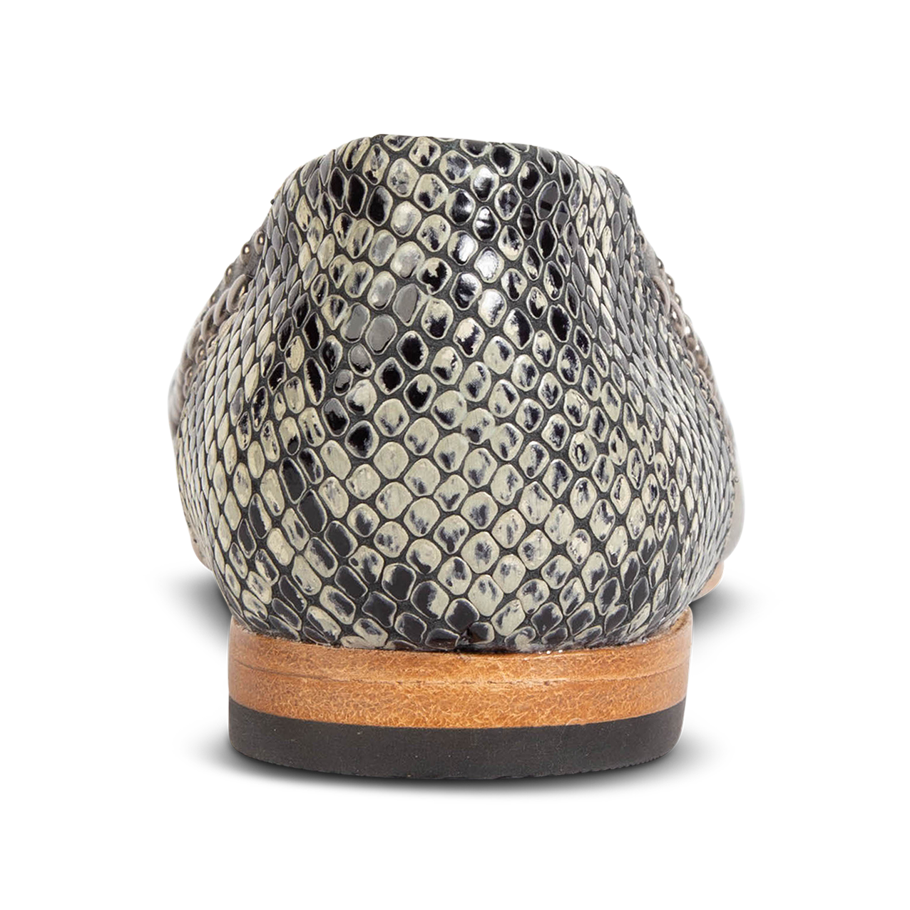 Back view showing low heel on FREEBIRD women's Blossom olive multi ballet flat slip-on shoe featuring stud detailing and a round toe