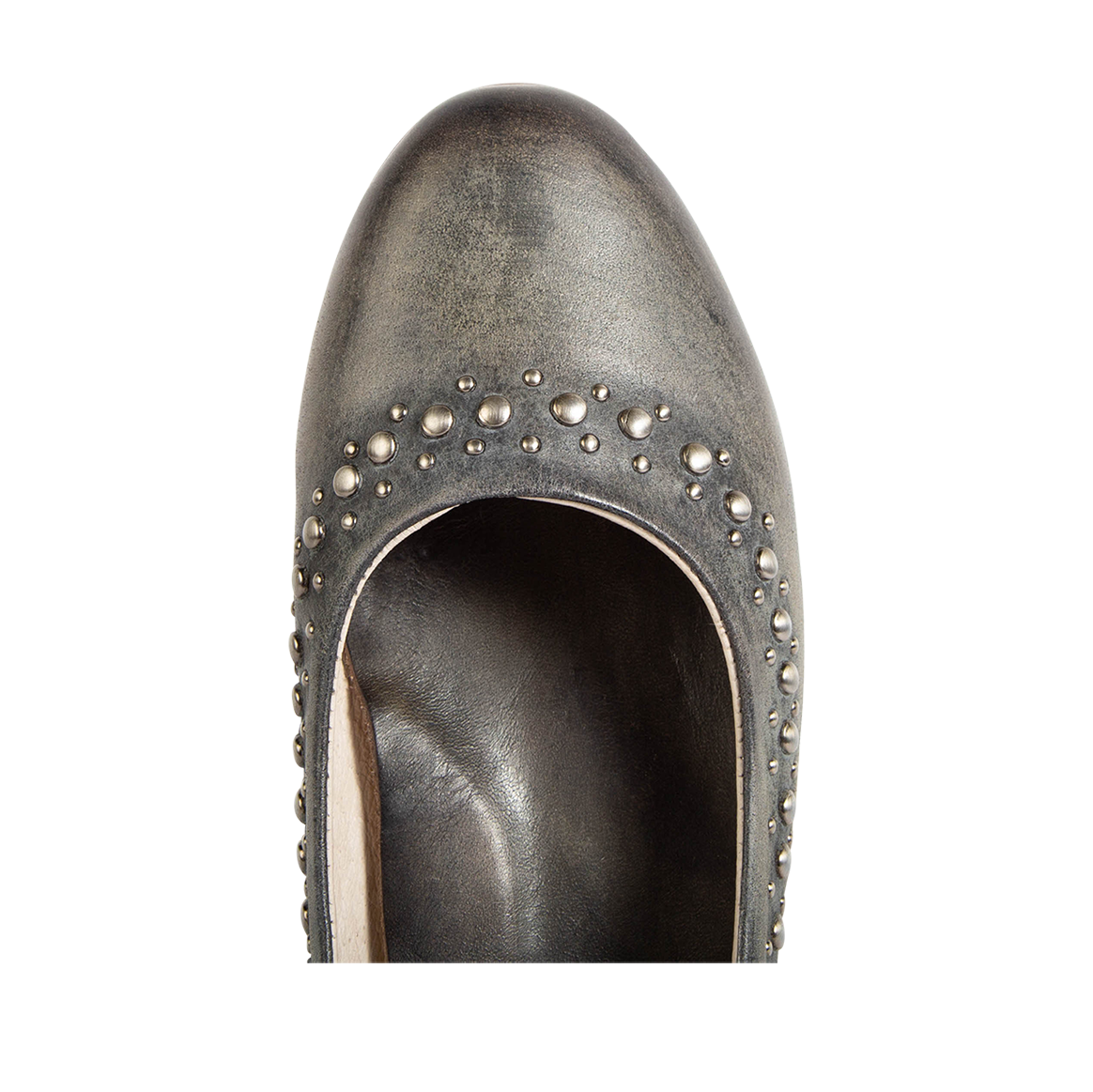 Top view showing round toe on FREEBIRD women's Blossom olive multi ballet flat slip-on shoe featuring stud detailing a pointed toe
