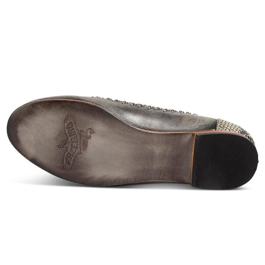 Leather sole imprinted with FREEBIRD on women's Blossom olive multi ballet flat slip-on shoe with stud detailing and pointed toe