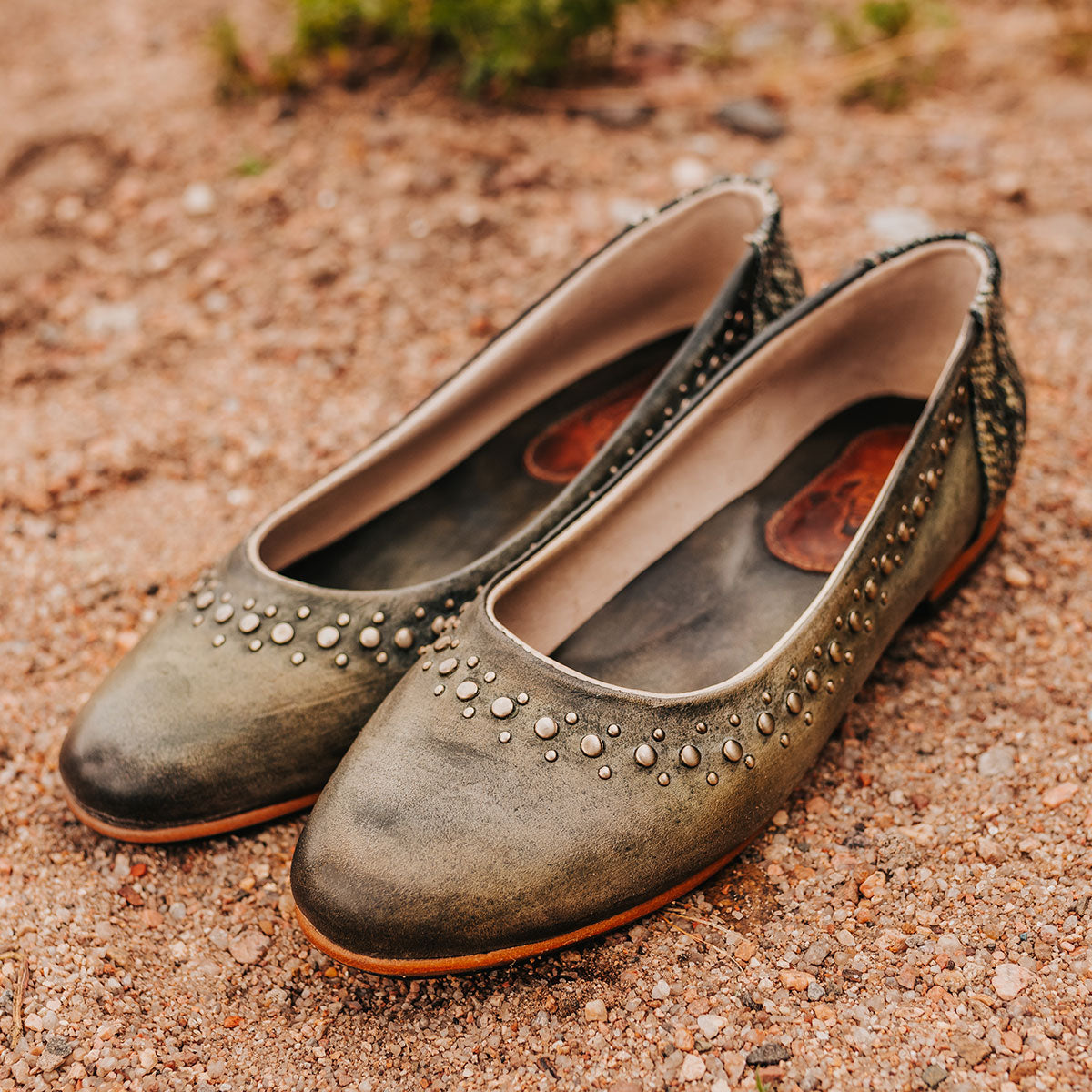 FREEBIRD women's Blossom olive multi ballet flat slip-on shoe featuring stud detailing a round toe
