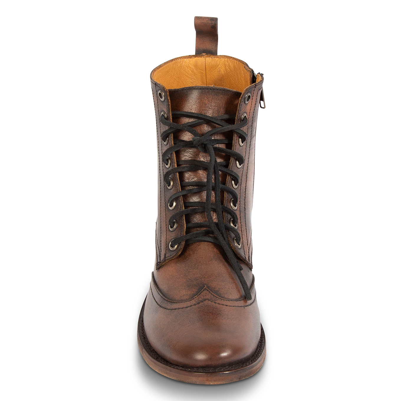 Front view showing functional leather lacing, an almond toe and front stitch detailing on FREEBIRD men's Bodie black distressed leather boot 