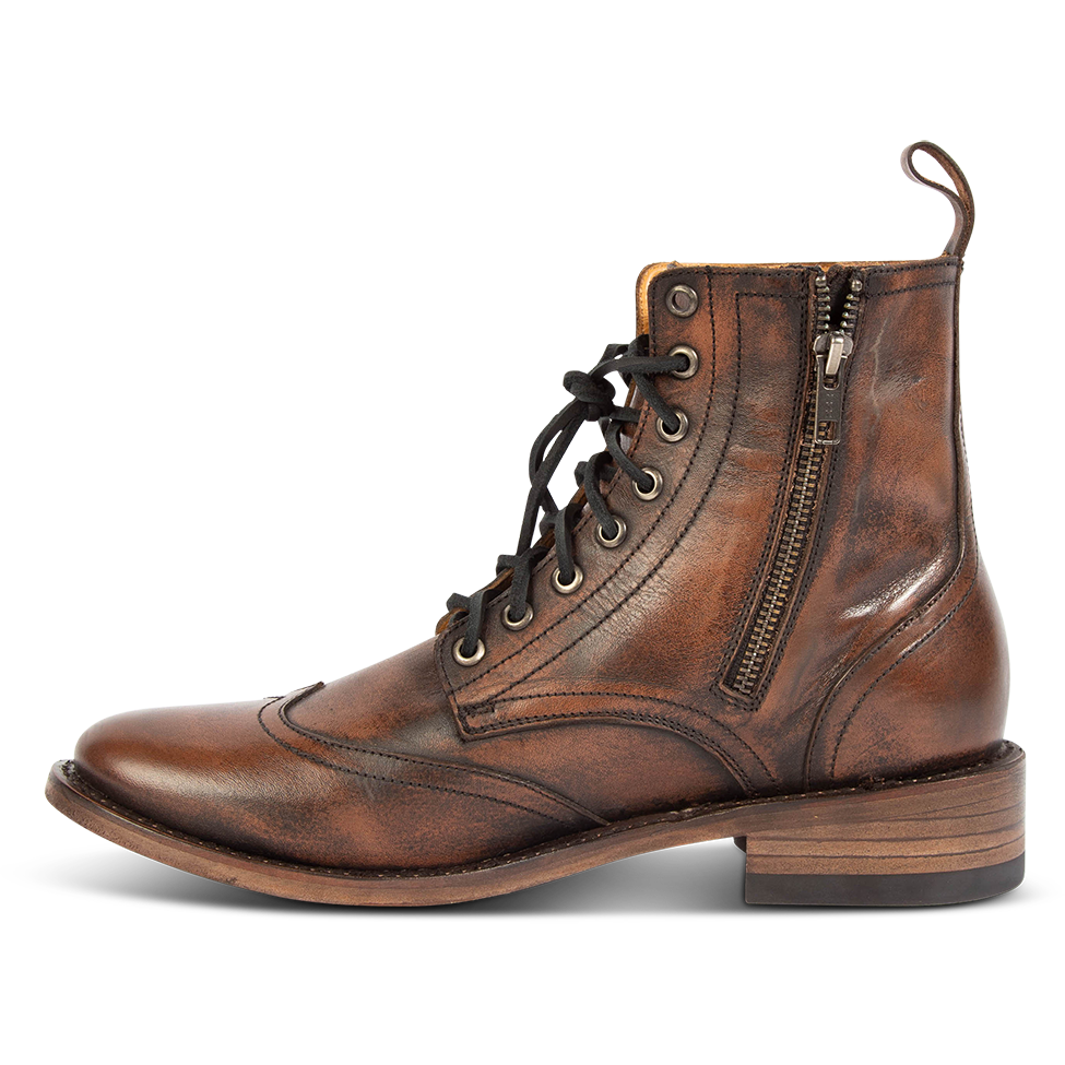 Side view showing a functional inside brass zip closure, a Goodyear welt and rear leather pull tab on FREEBIRD men's Bodie black distressed leather boot