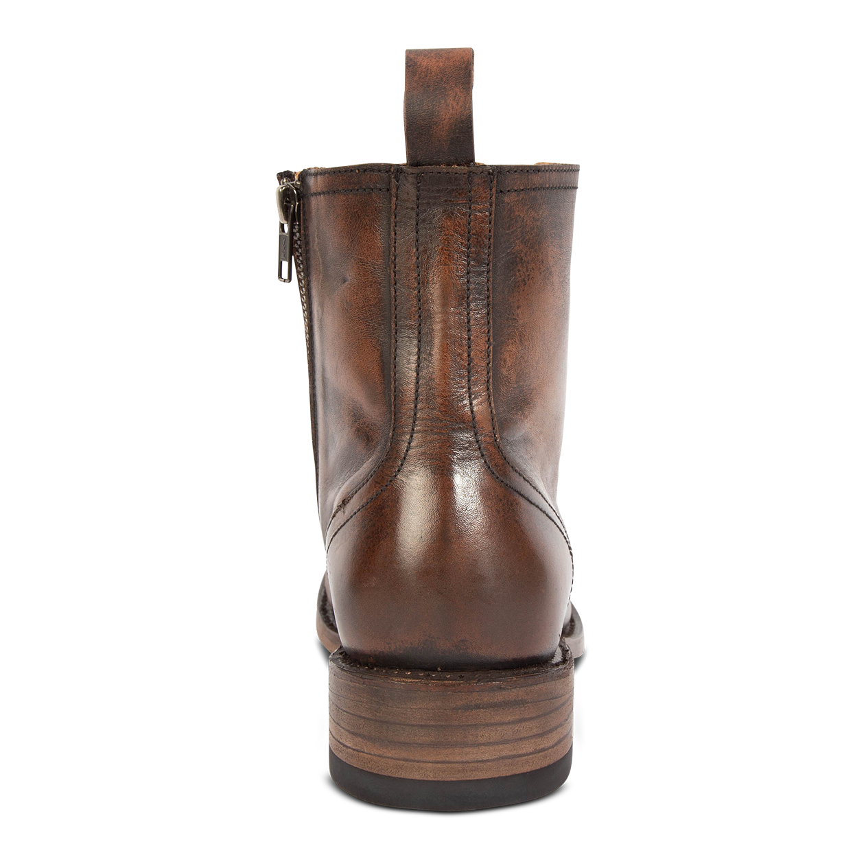 Back view showing leather rear pull tab, low block heel and stitch detailing on FREEBIRD men's Bodie black distressed leather boot