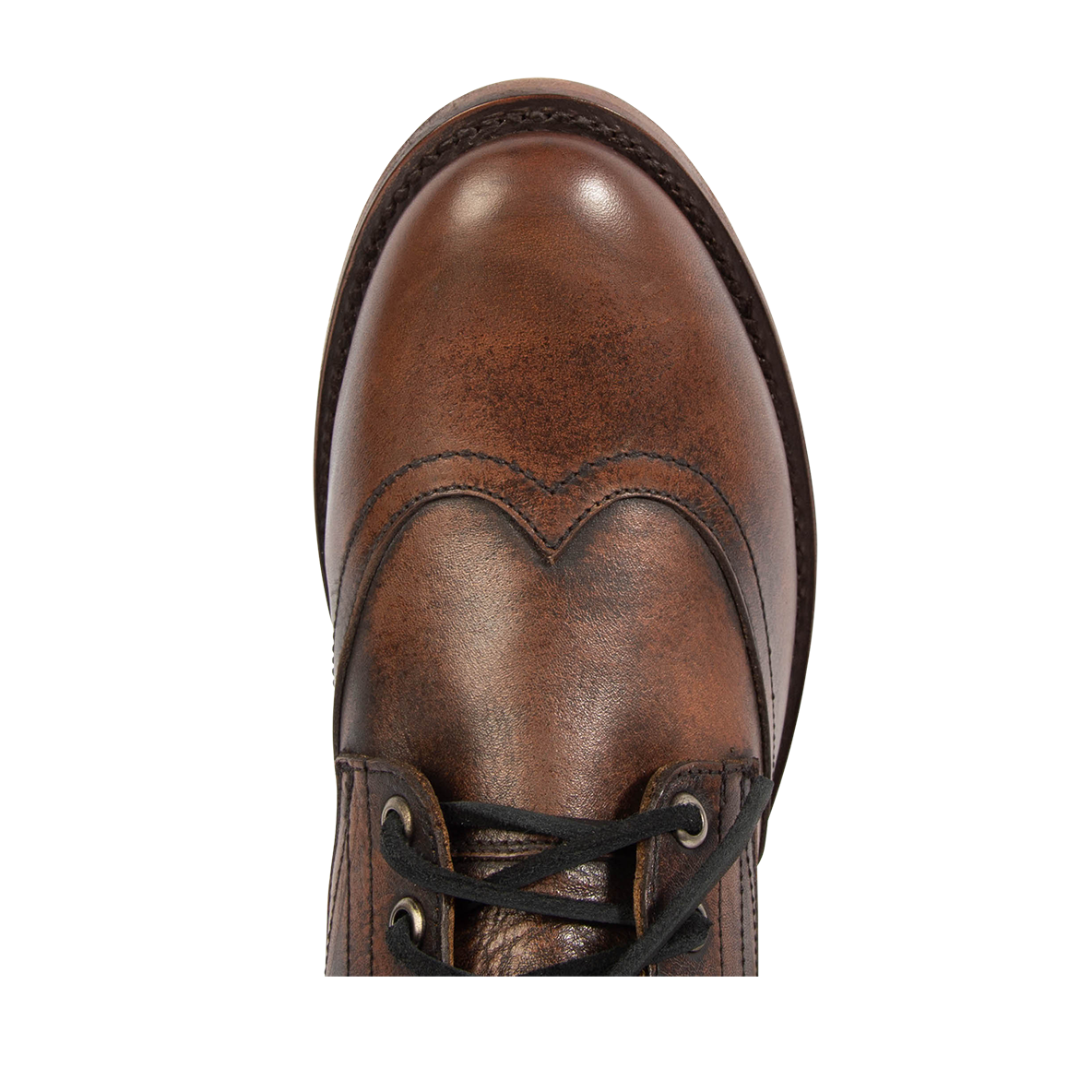 Top view showing an almond toe, leather front lacing and stitch detailing on FREEBIRD men's Bodie black distressed leather boot 