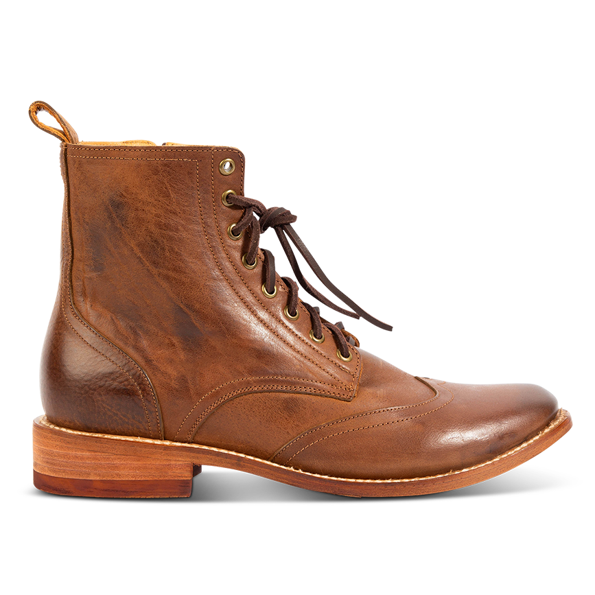 FREEBIRD men's Bodie brown leather boot with a full-grain leather body, a Goodyear welt, and functional leather front lacing ties