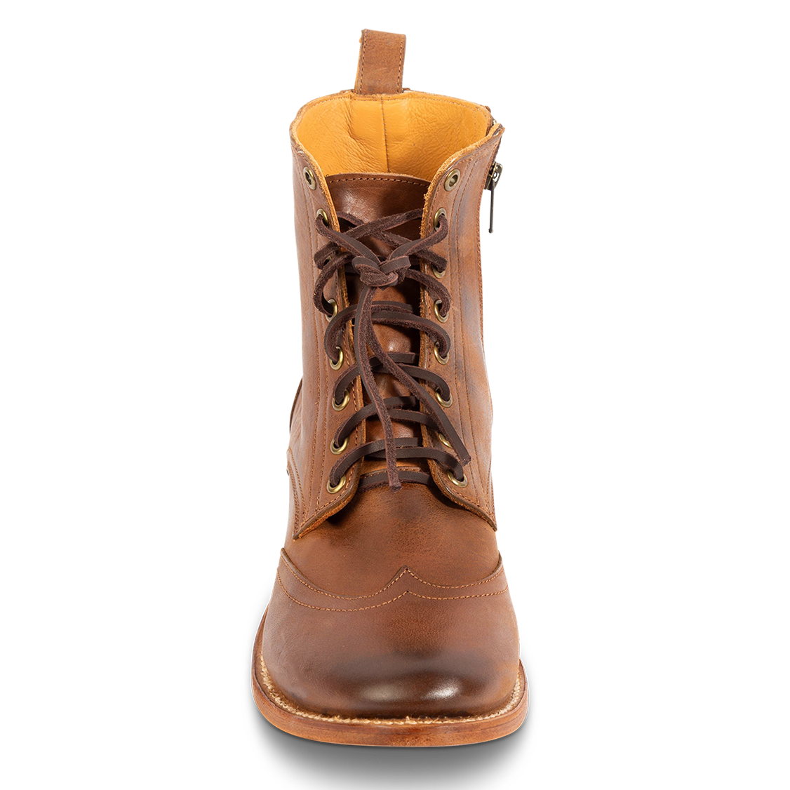 Front view showing functional leather lacing, an almond toe and front stitch detailing on FREEBIRD men's Bodie brown leather boot