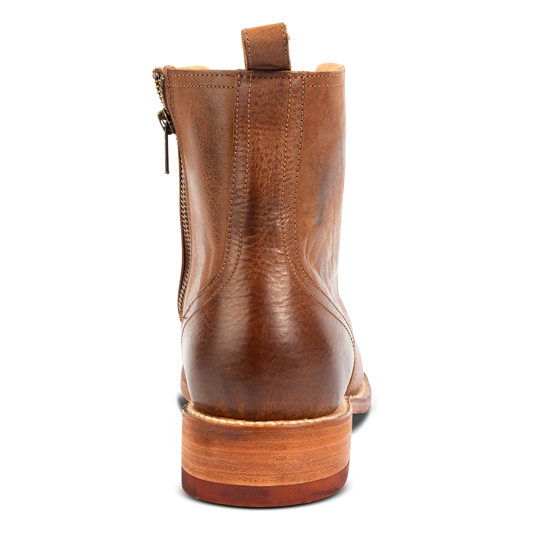 Back view showing leather rear pull tab, low block heel and stitch detailing on FREEBIRD men's Bodie brown leather boot