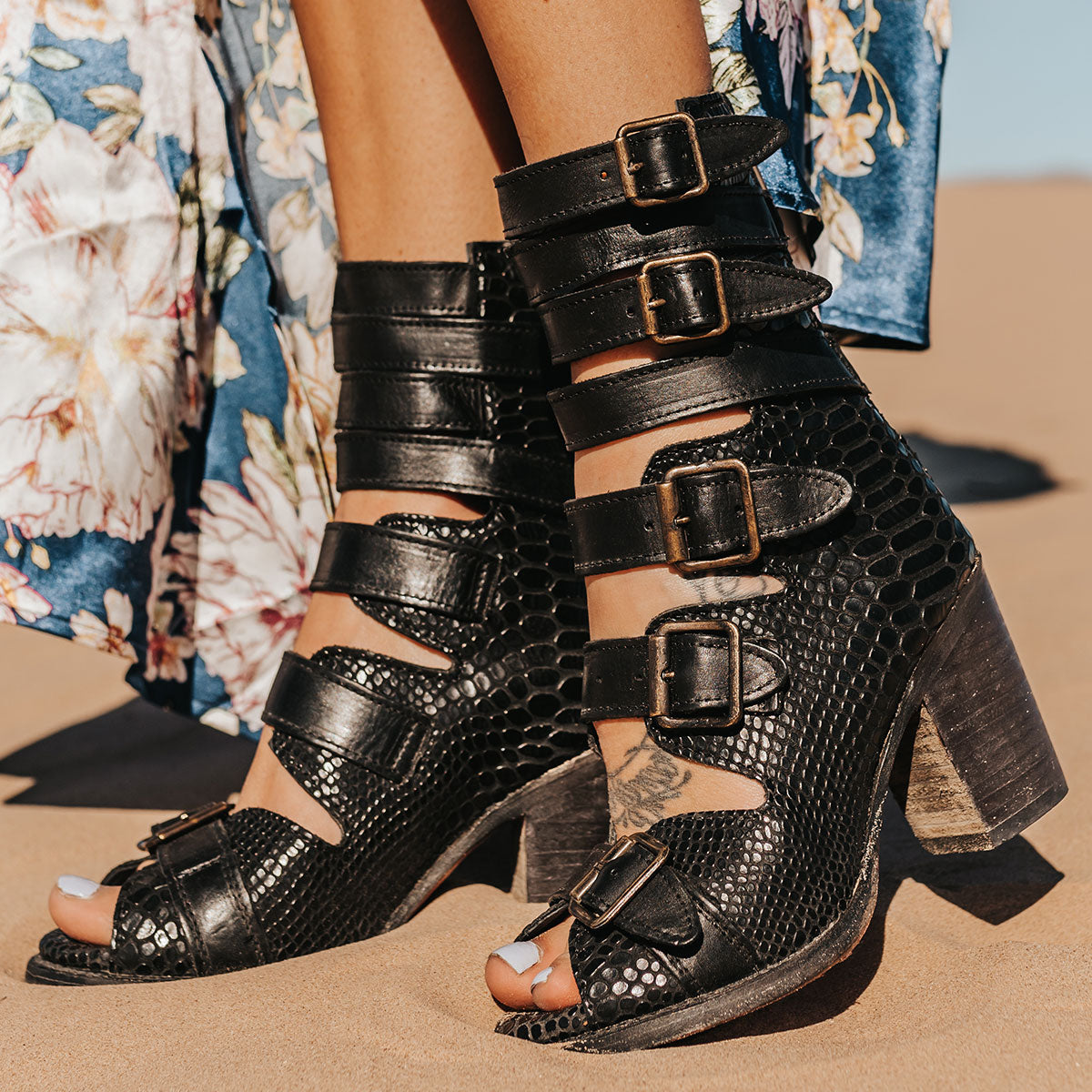 FREEBIRD women's Bond black snake sandal with fashion straps and stacked heel