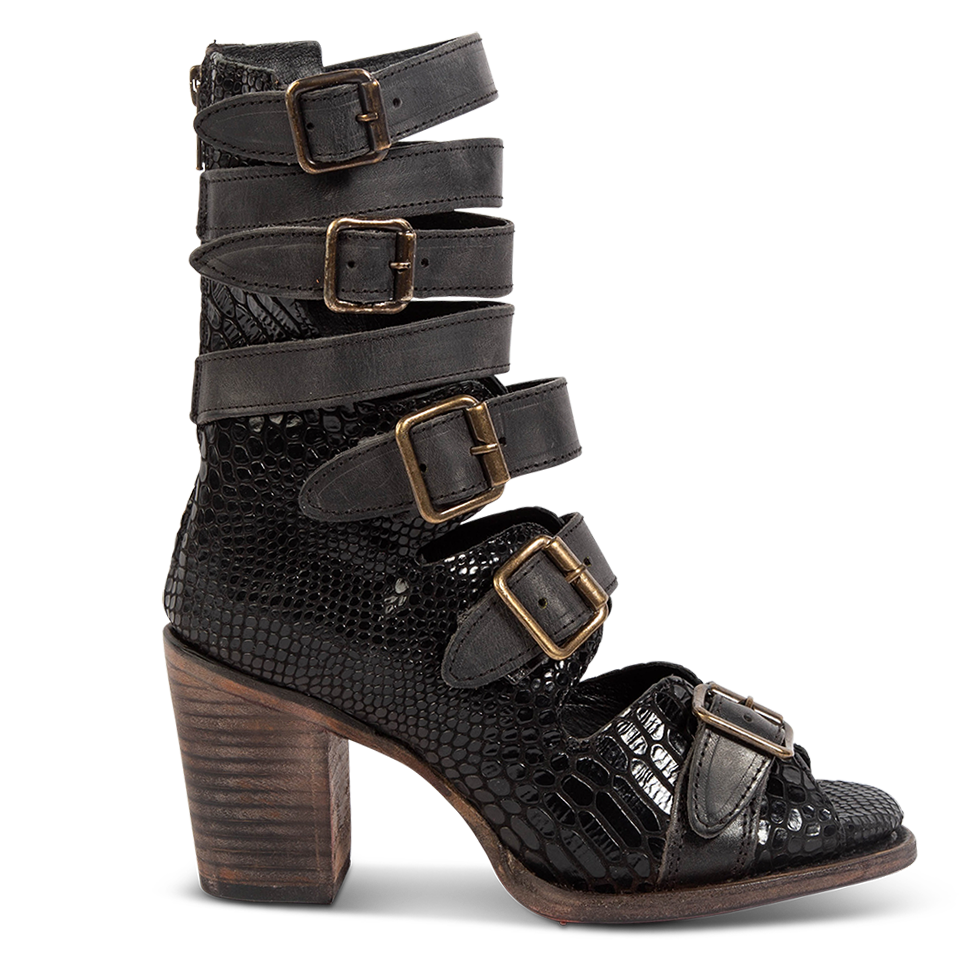 FREEBIRD women's Bond black snake sandal with fashion straps and stacked heel