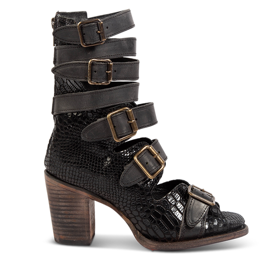FREEBIRD women's Bond black snake sandal with fashion straps and stacked heel