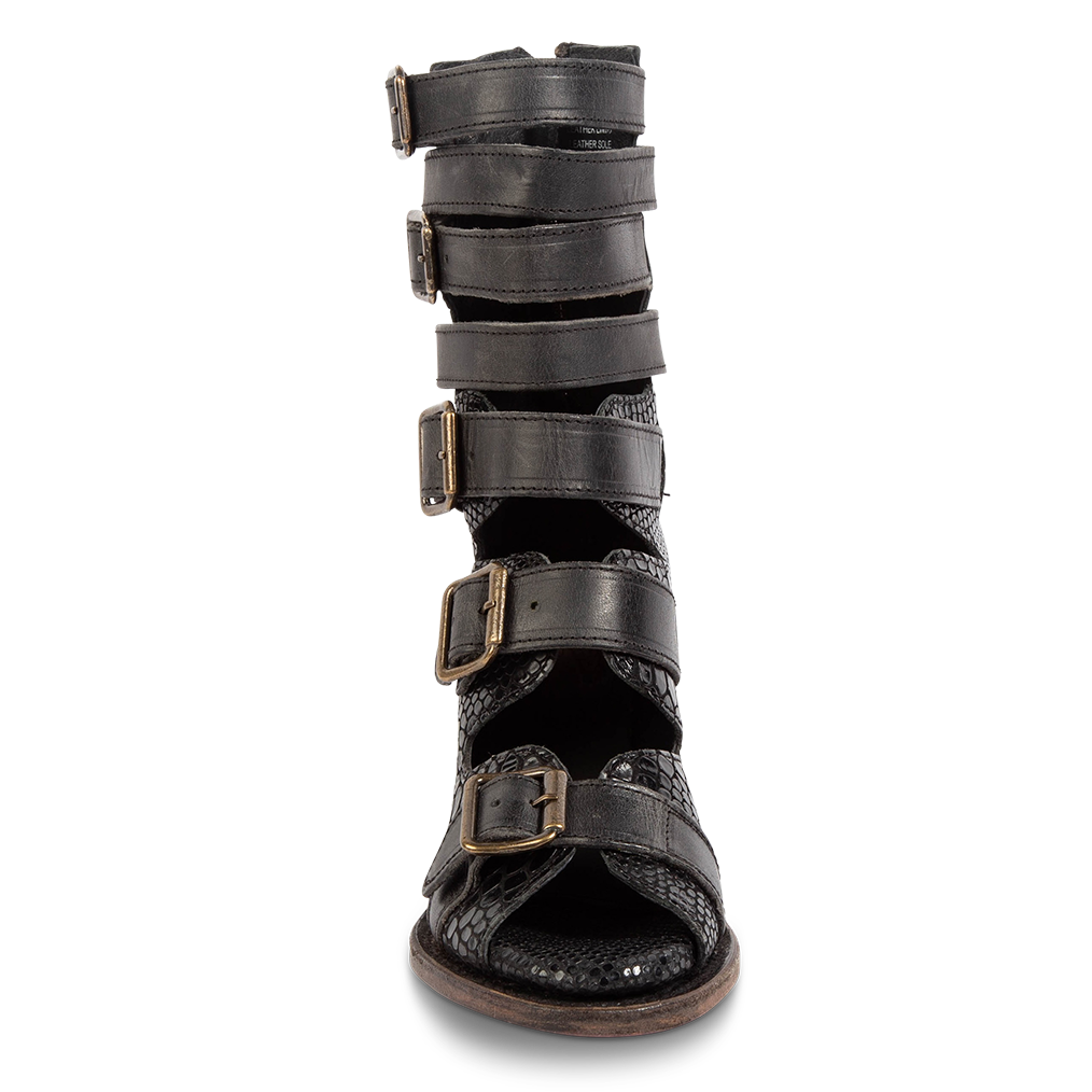 Front view showing buckle cut outs and leather fashion straps on FREEBIRD women's Bond black snake sandal