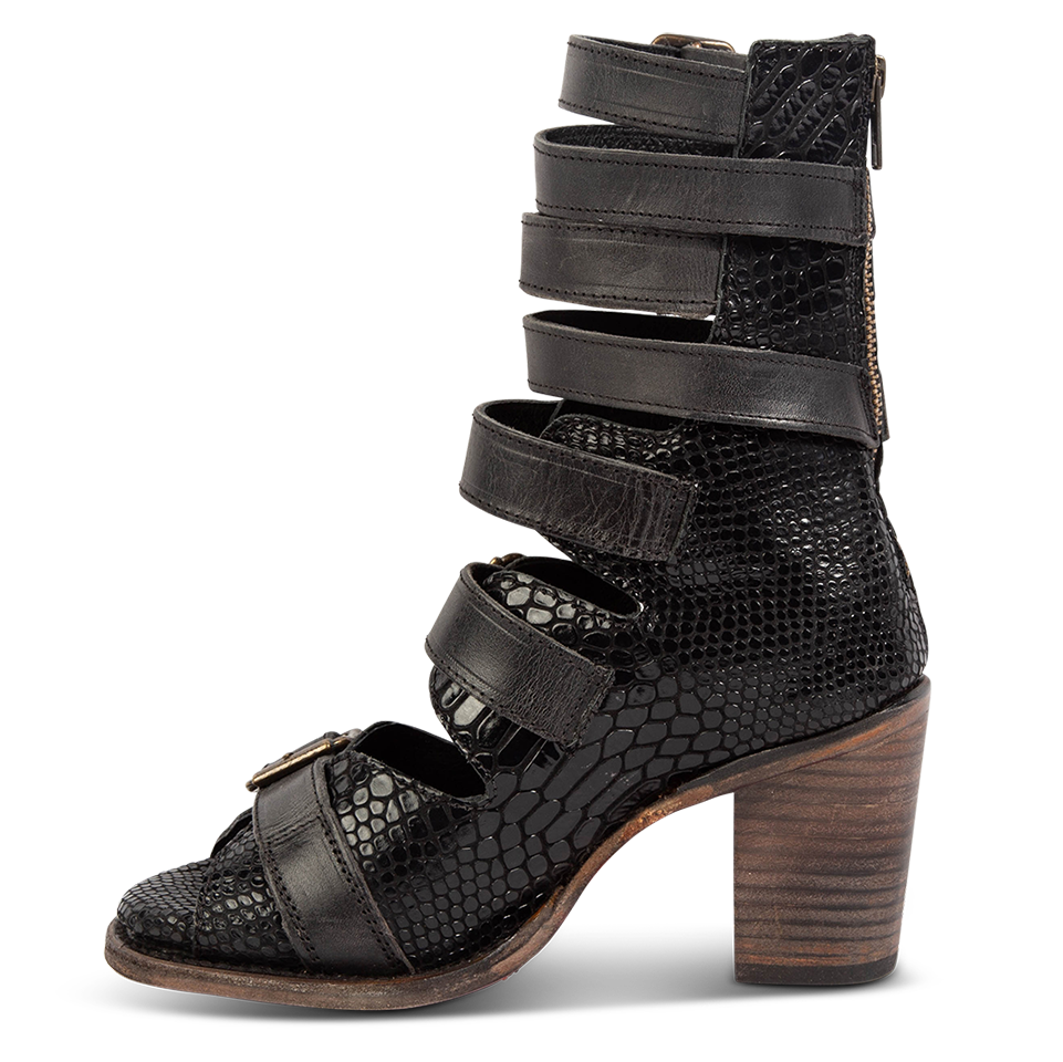 Inside view showing leather fashion straps and stacked heel on FREEBIRD women's Bond black snake sandal 