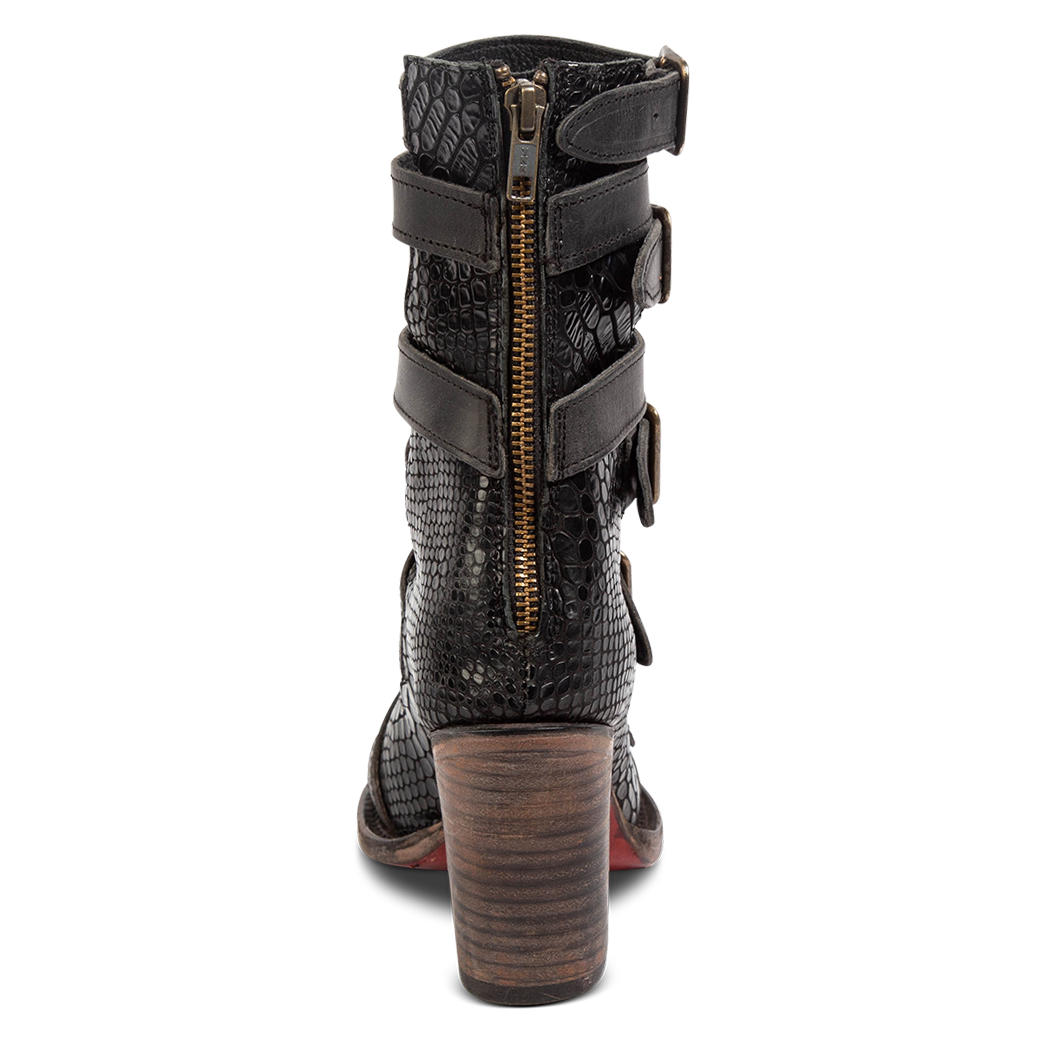 Back view showing working brass zip closure on FREEBIRD women's Bond black snake sandals 