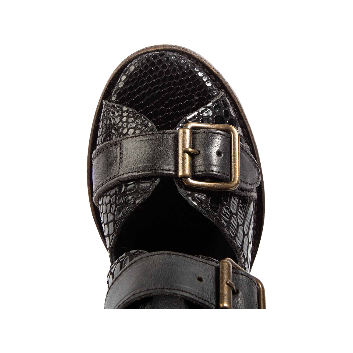 Top view showing round toe with leather toe and ankle straps on FREEBIRD women's Bond black snake sandal 