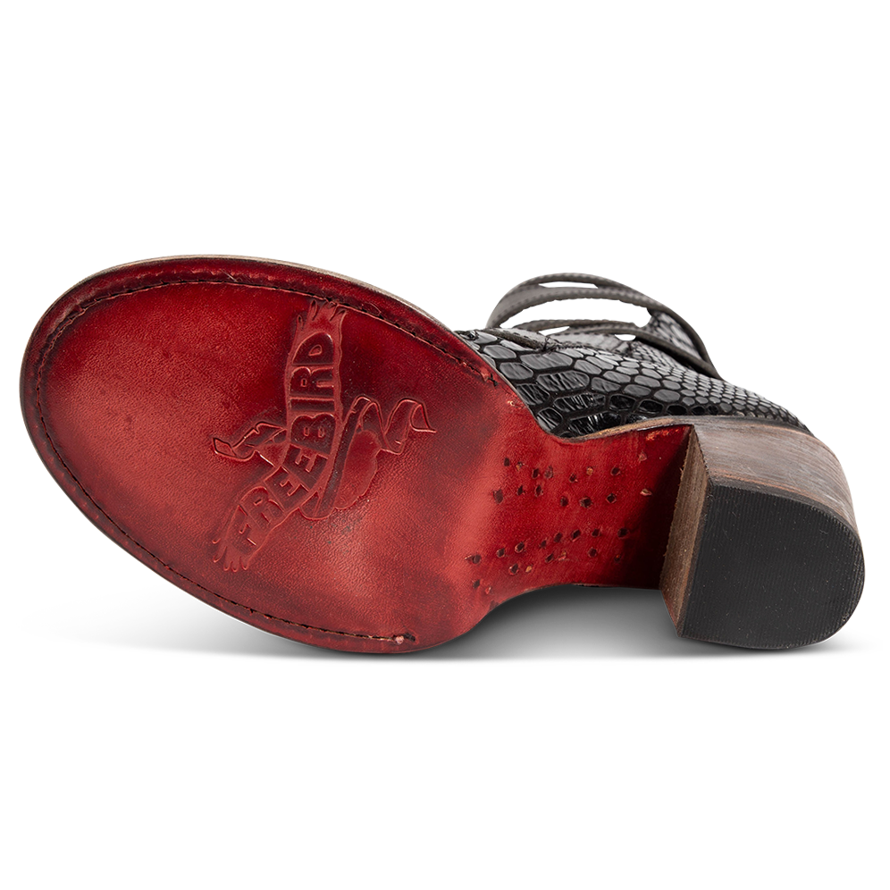 Leather sole imprinted with FREEBIRD on women's Bond black snake sandal 