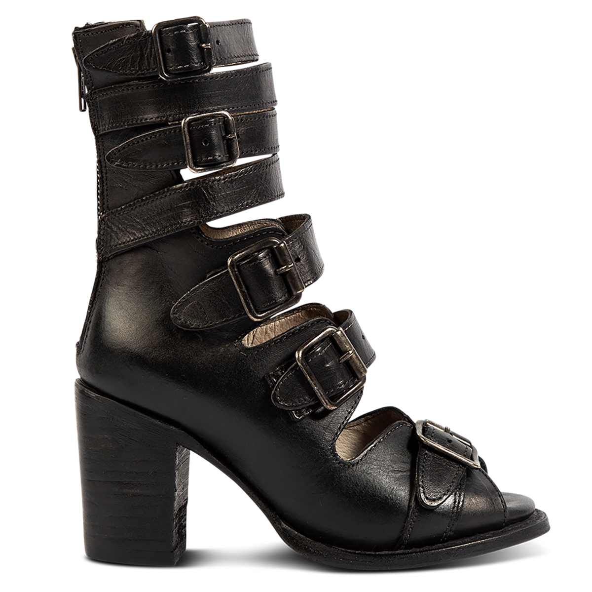 FREEBIRD women's Bond black/black sandal with fashion straps and stacked heel