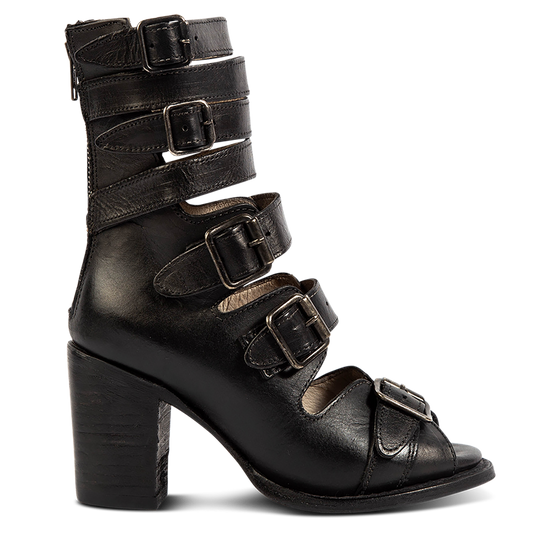 FREEBIRD women's Bond black/black sandal with fashion straps and stacked heel