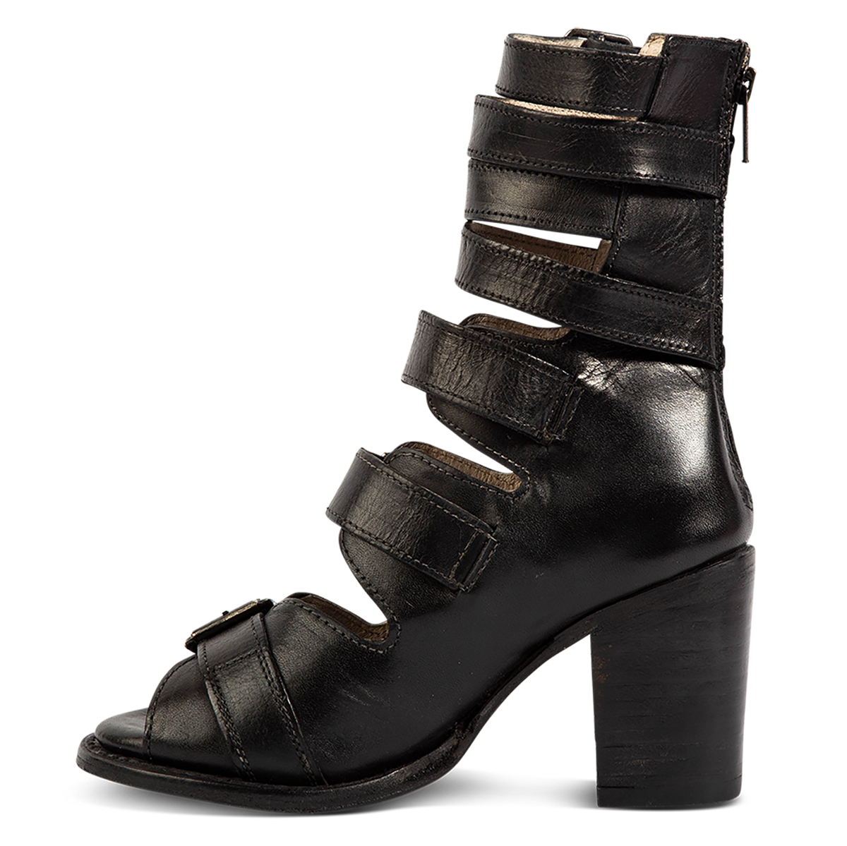 Inside view showing FREEBIRD women's Bond black/black sandal with fashion straps and stacked heel