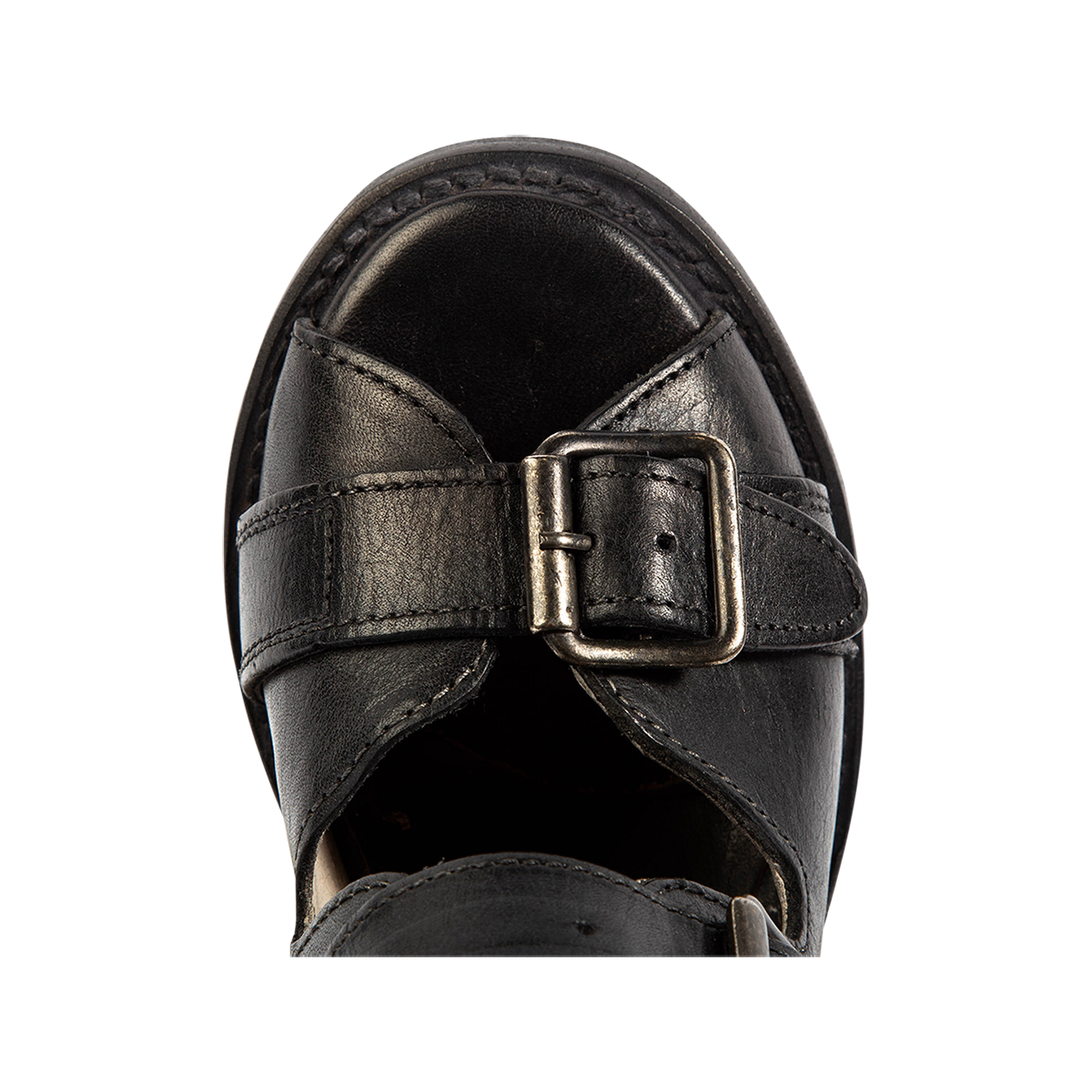 Top view showing round toe with leather toe and ankle straps on FREEBIRD women's Bond black/black sandal 