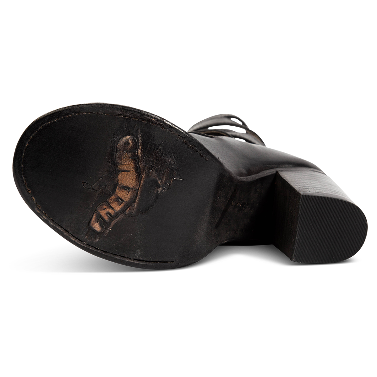 Leather sole imprinted with FREEBIRD on women's Bond black/black sandal 