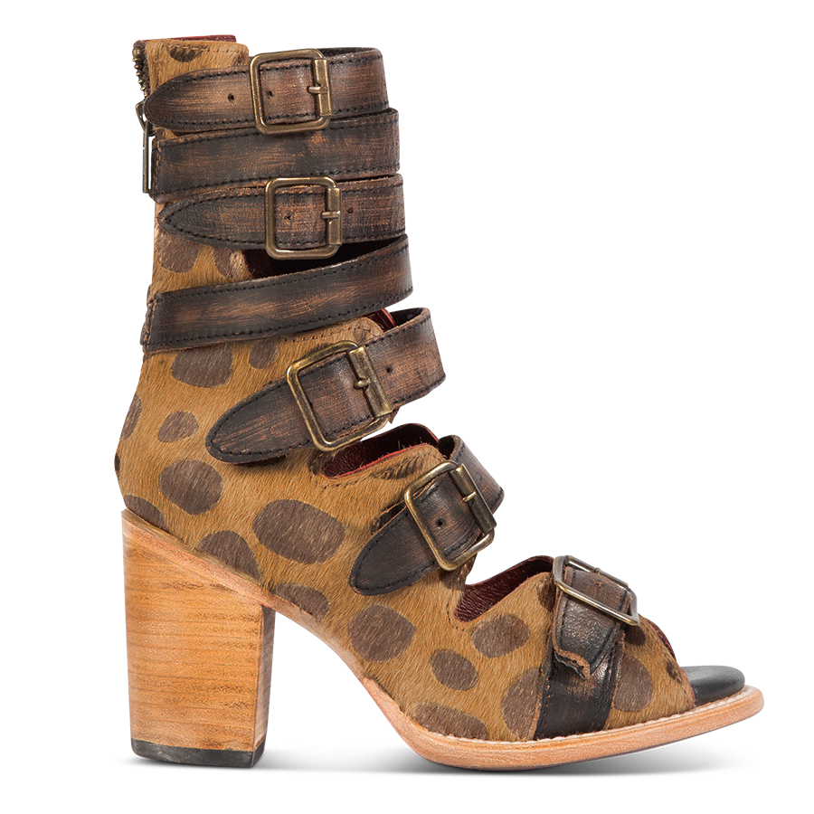 FREEBIRD women's Bond leopard sandal with fashion straps and stacked heel