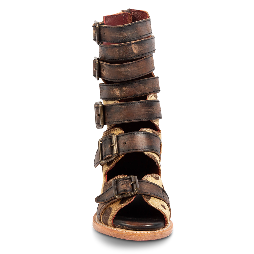 Front view showing buckle cut outs and leather fashion straps on FREEBIRD women's Bond leopard sandal
