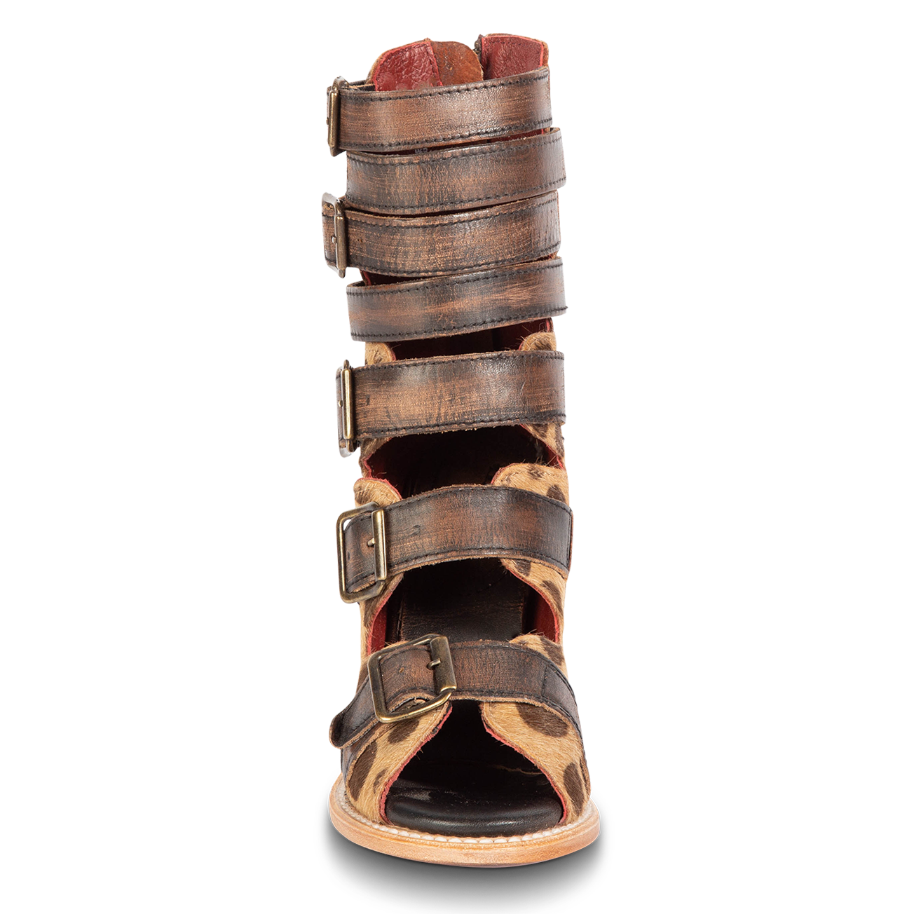 Front view showing buckle cut outs and leather fashion straps on FREEBIRD women's Bond leopard sandal