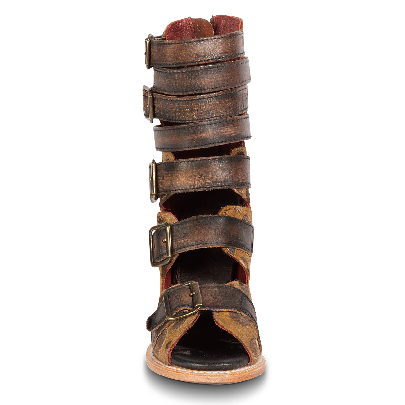 Front view showing buckle cut outs and leather fashion straps on FREEBIRD women's Bond leopard sandal