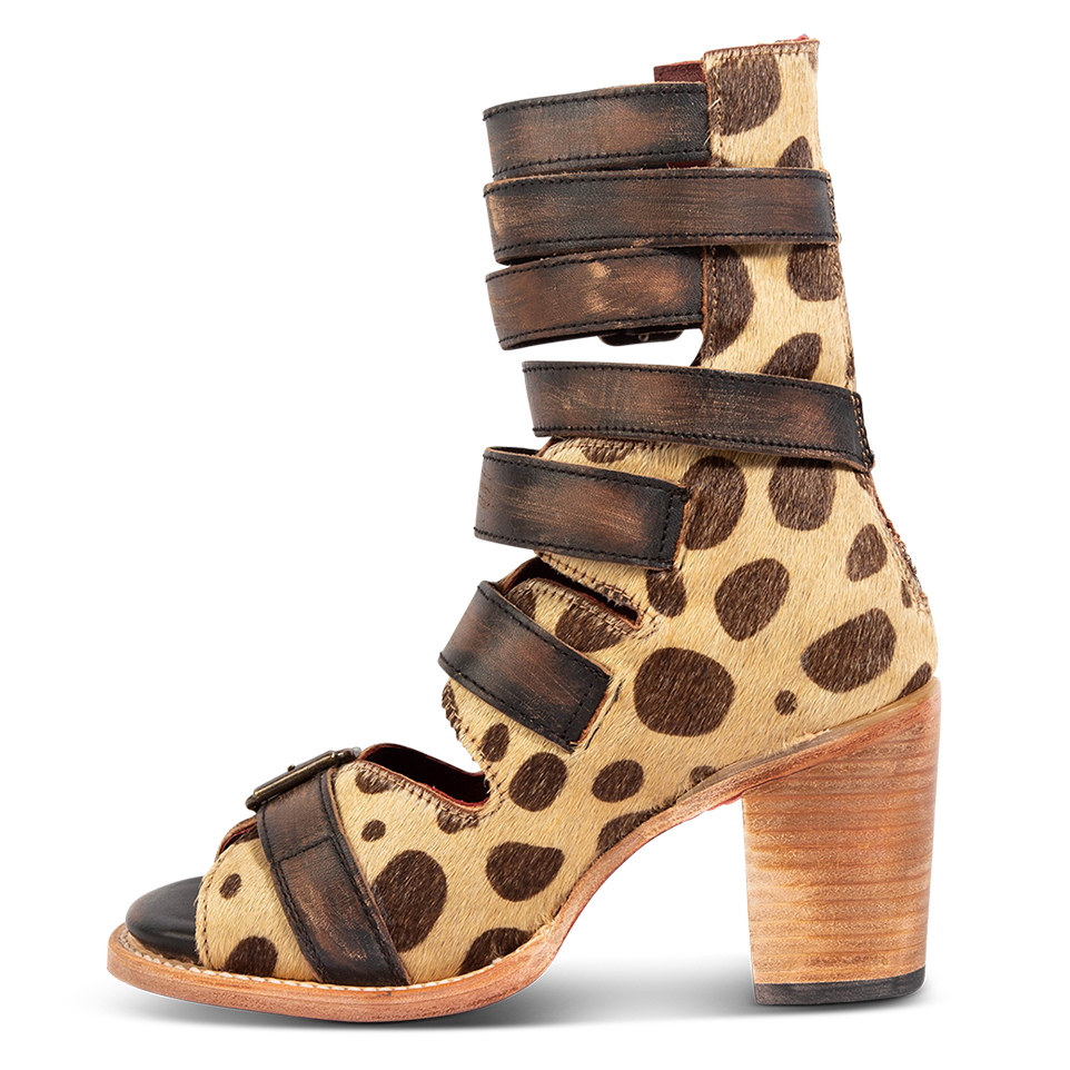 Inside view showing leather fashion straps and stacked heel on FREEBIRD women's Bond leopard sandal