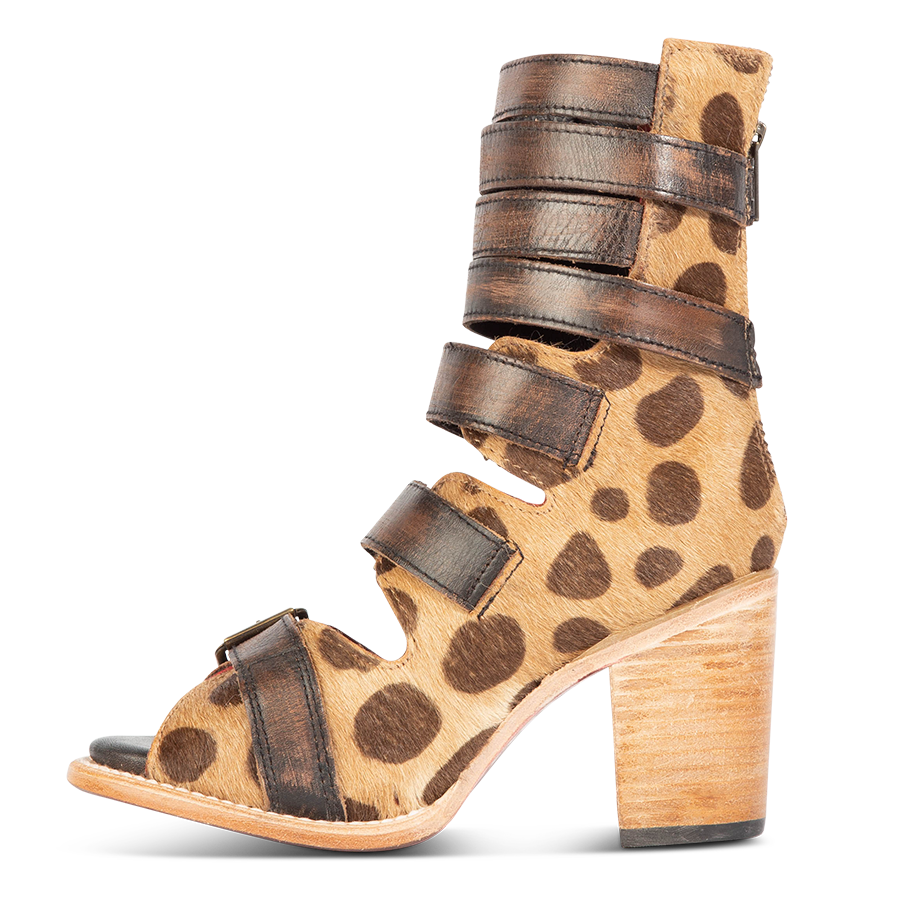 Inside view showing leather fashion straps and stacked heel on FREEBIRD women's Bond leopard sandal