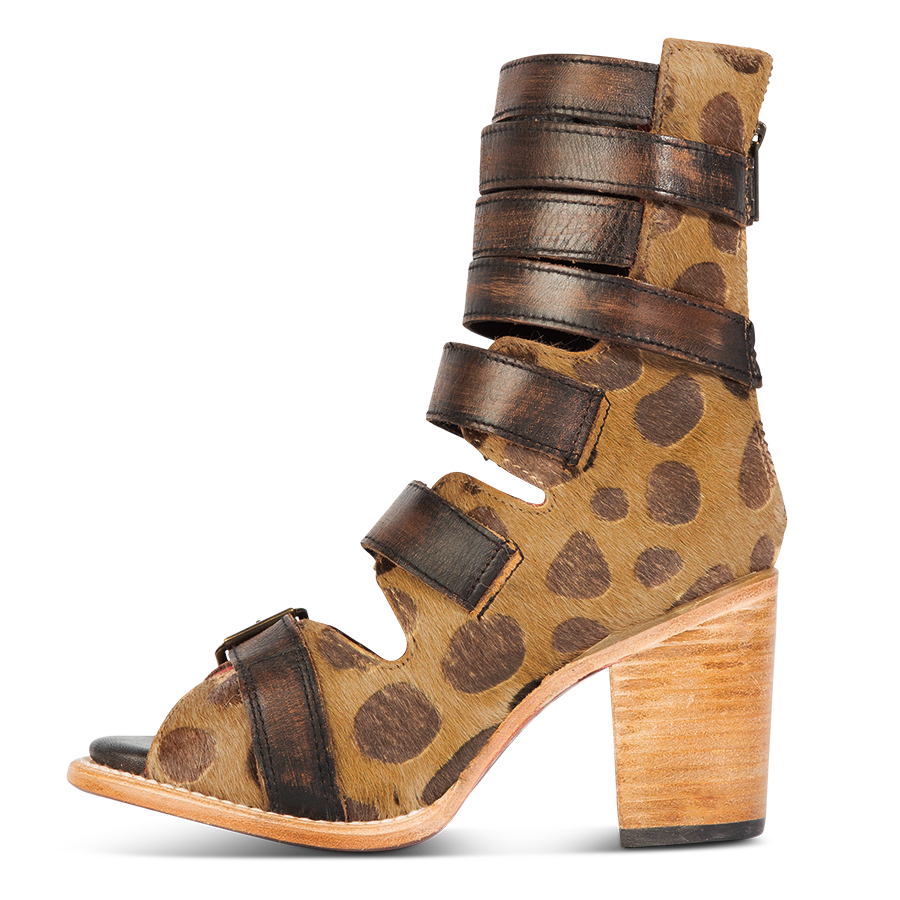 Inside view showing leather fashion straps and stacked heel on FREEBIRD women's Bond leopard sandal
