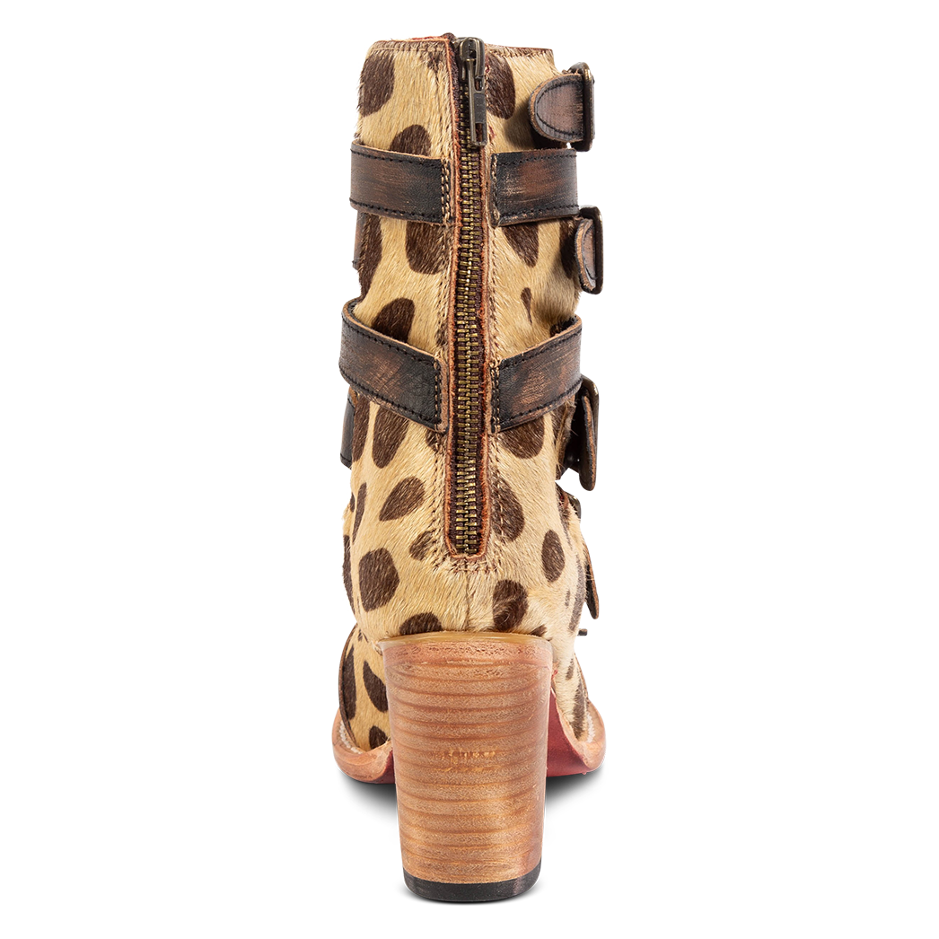 Back view showing working brass zip closure on FREEBIRD women's Bond leopard sandals