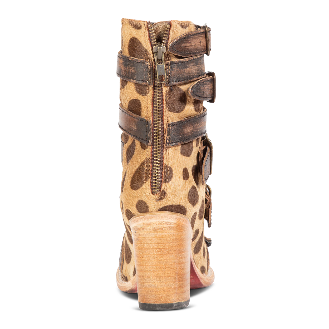 Back view showing working brass zip closure on FREEBIRD women's Bond leopard sandals