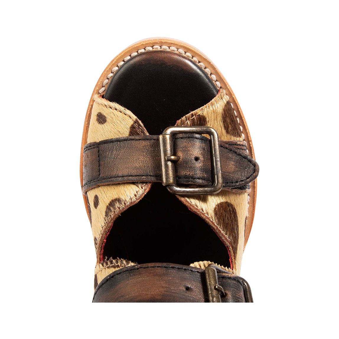 Top view showing round toe with leather toe and ankle straps on FREEBIRD women's Bond leopard sandal