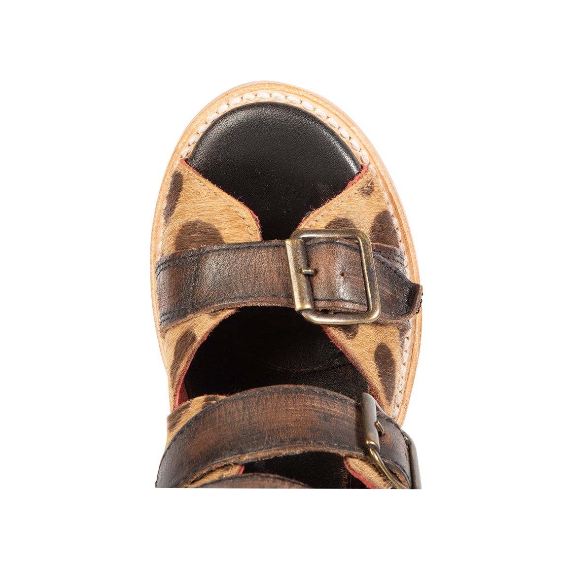 Top view showing round toe with leather toe and ankle straps on FREEBIRD women's Bond leopard sandal