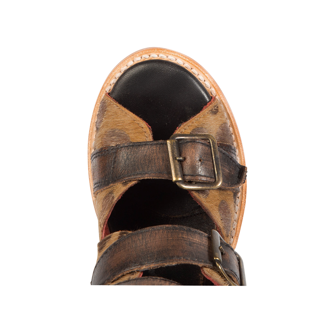 Top view showing round toe with leather toe and ankle straps on FREEBIRD women's Bond leopard sandal