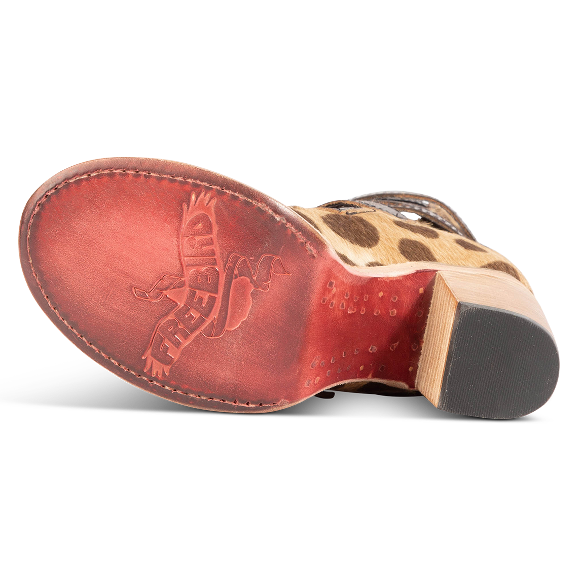 Leather sole imprinted with FREEBIRD on women's Bond leopard sandal